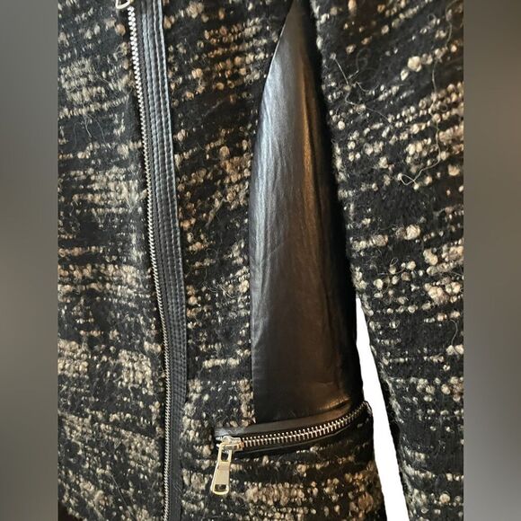 REBECCA TAYLOR PEBBLED TWEED BLACK N GREY JACKET WITH FAUX LEATHER ACCENTS, SZ4 - Picture 11 of 14